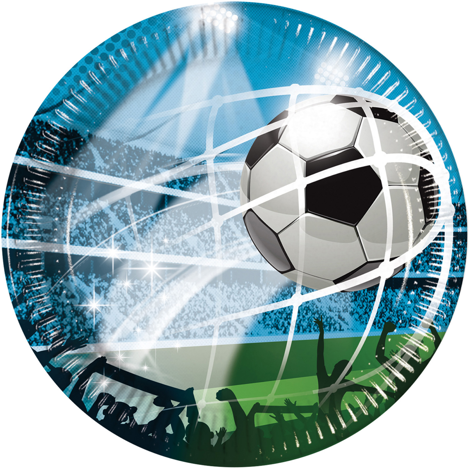 Runde Pappteller mit Fußballmotiv. Fußball fliegt ins Tor, Hintergrund mit jubelnden Fans und Stadionlichtern. Farben: Blau, Schwarz, Weiß.