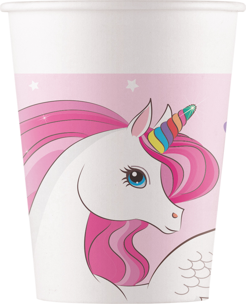 Pappbecher mit einem Einhorn-Motiv. Das Einhorn hat eine pinke Mähne und einen bunten Horn.