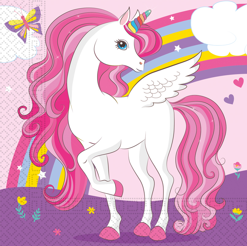 Ein weißes Einhorn mit pinker Mähne und buntem Horn. Es hat Flügel und steht vor einem bunten Regenbogen.