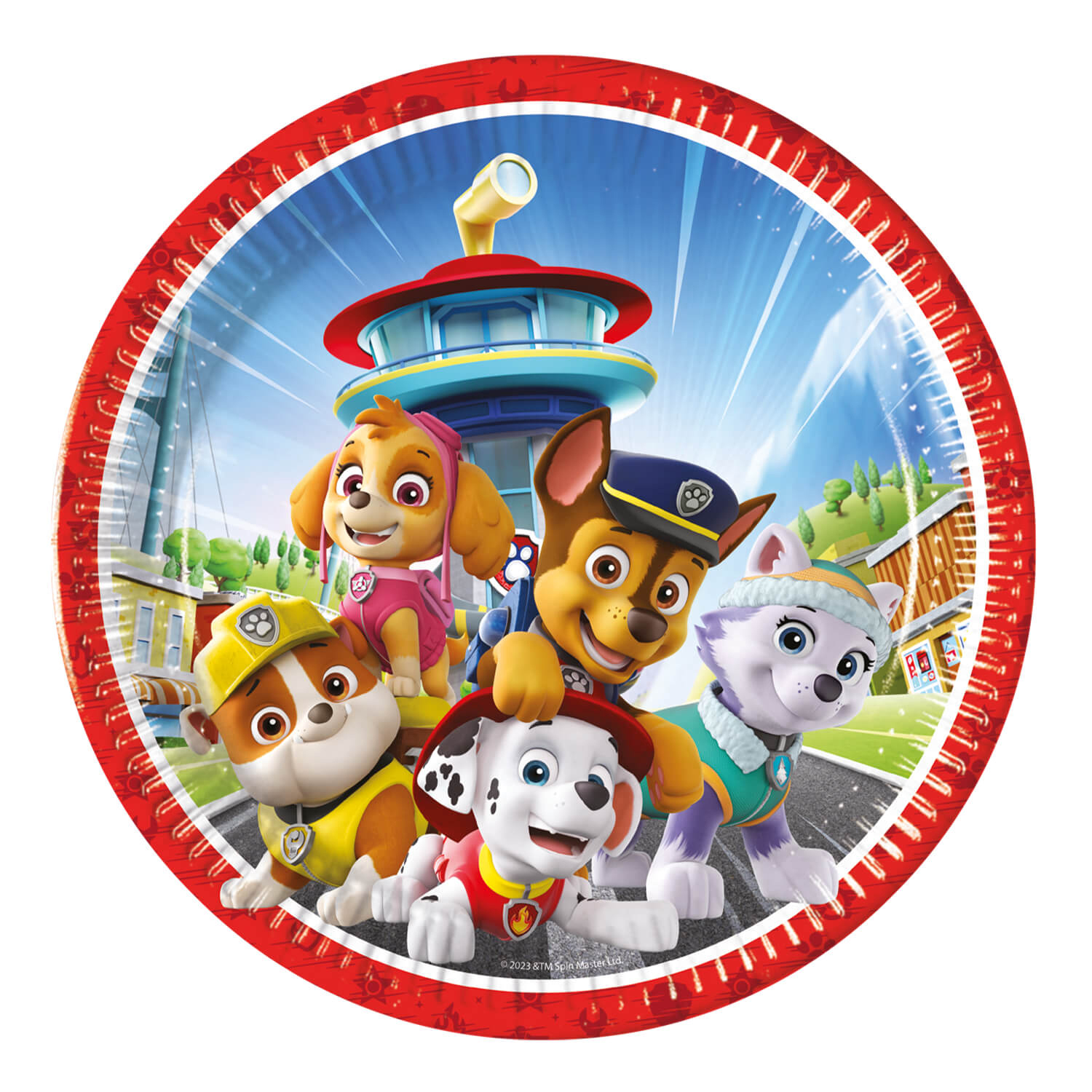 Pappteller mit buntem Motiv. Sechs cartoonartige Hunde in verschiedenen Farben. Hintergrund mit einem Turm und grüner Landschaft.