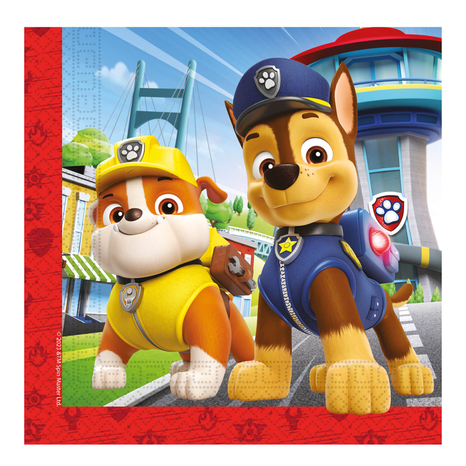 Zwei cartoonartige Hunde in bunten Uniformen. Einer ist gelb und der andere braun mit blauen Akzenten.