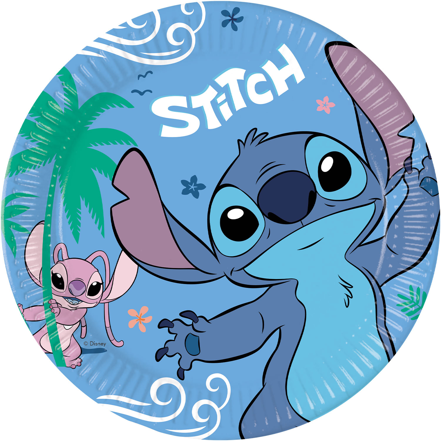 Pappteller mit buntem Design. Abgebildet sind die Charaktere Stitch und ein rosa Wesen auf blauem Hintergrund.