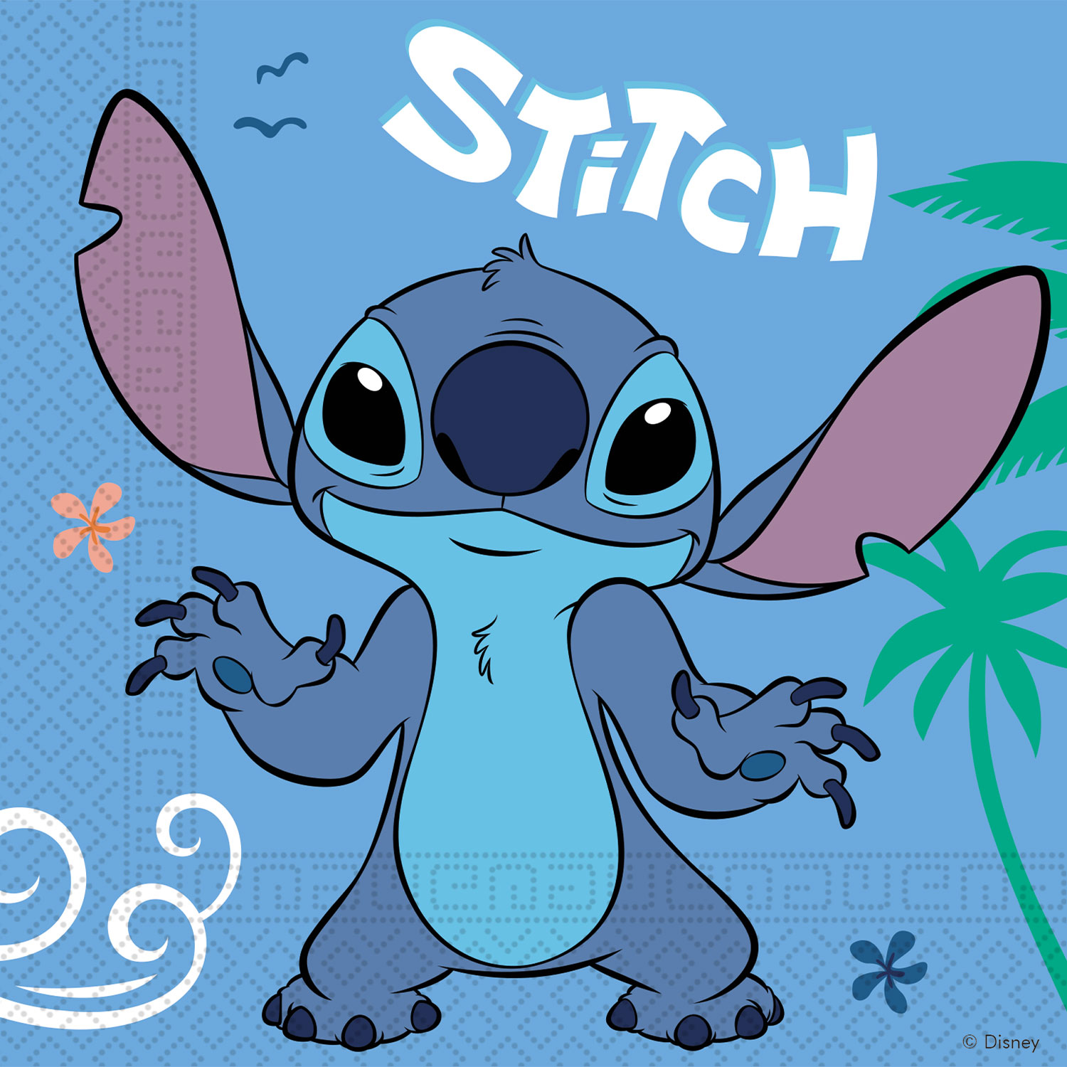 Cartoonfigur Stitch. Blaues Fell, große Augen, lange Ohren. Freundliche Pose, Hintergrund in Blau mit Palmen und Blumen.