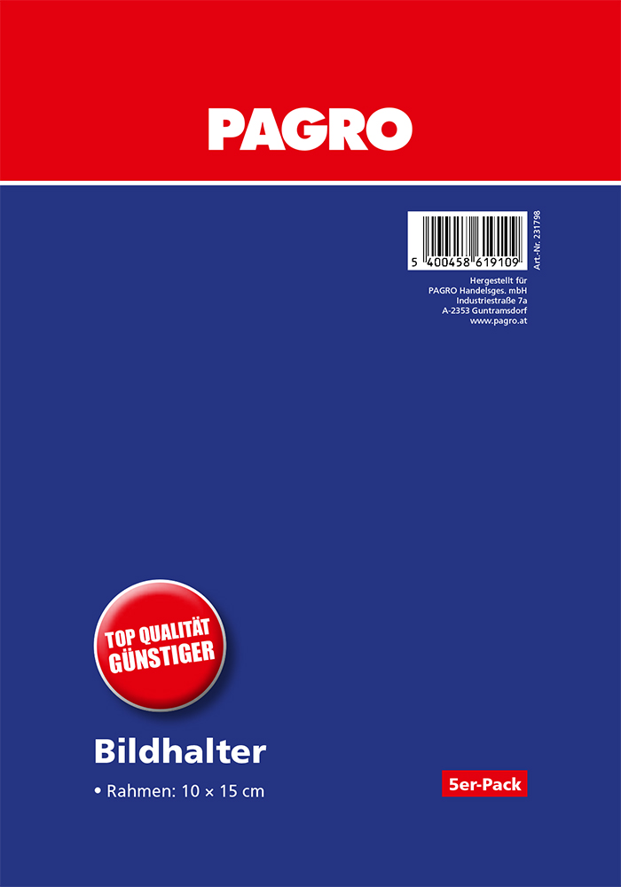 Produktverpackung in Blau und Rot. Bildhalter für Fotos. Größe: 10 x 15 cm. 5er-Pack. Aufkleber mit 'Top Qualität Günstiger'.