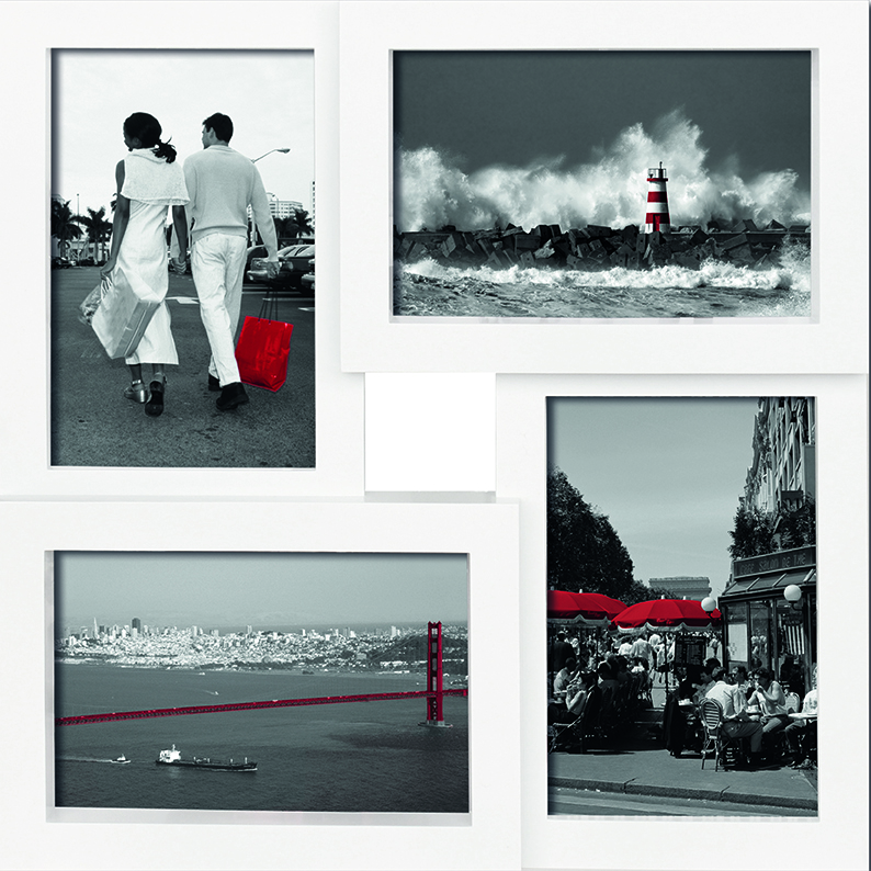 Vier Bilder in weißen Rahmen. Oben links: Paar mit roter Tasche, schwarz-weiß. Oben rechts: Leuchtturm mit Wellen, schwarz-weiß. Unten links: Rote Brücke über Wasser, schwarz-weiß. Unten rechts: Café mit roten Schirmen, schwarz-weiß.
