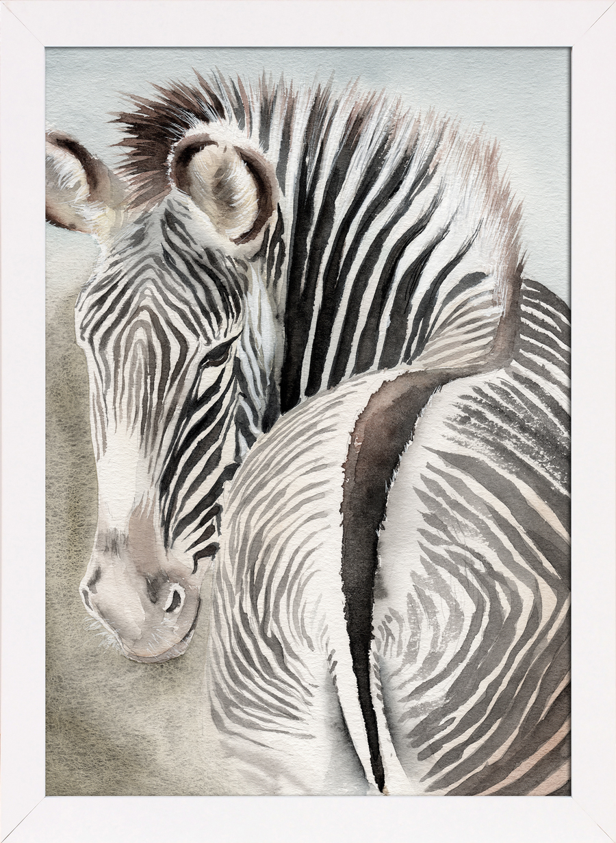 Aquarellzeichnung einer Zebra mit markanten Streifen. Der Hintergrund ist in sanften, neutralen Tönen gehalten.