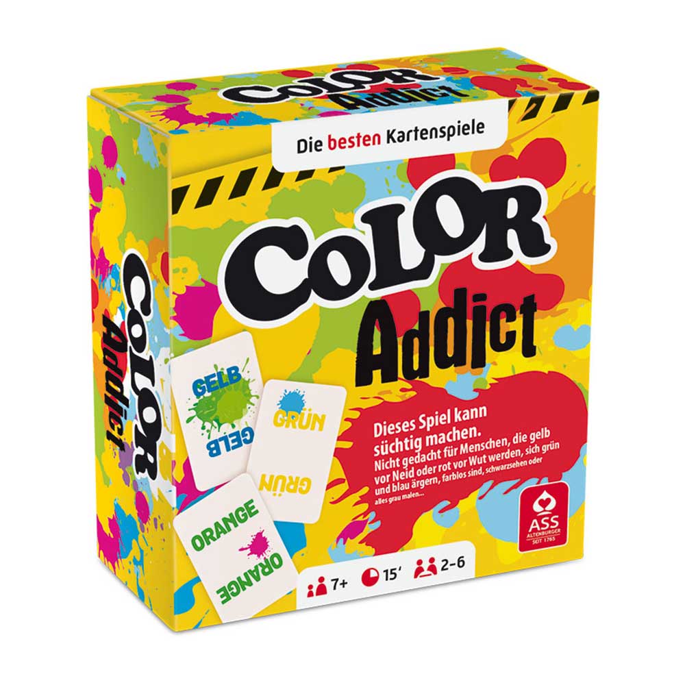 Spielverpackung für Color Addict. Bunte Farben und Karten mit Farbnamen.