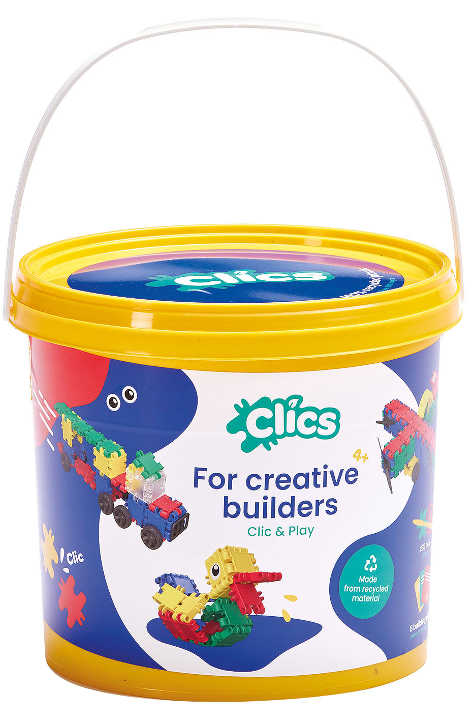 Gelber Eimer mit buntem Design. Aufschrift: 'For creative builders'. Enthält Bausteine aus recyceltem Material. Geeignet für Kinder ab 4 Jahren.