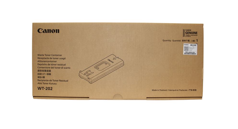 Braune Verpackung für einen Abfalltonerbehälter. Auf der Vorderseite steht 'Canon' und 'WT-202'. Mehrsprachige Beschriftungen für die Verwendung und Herkunft.