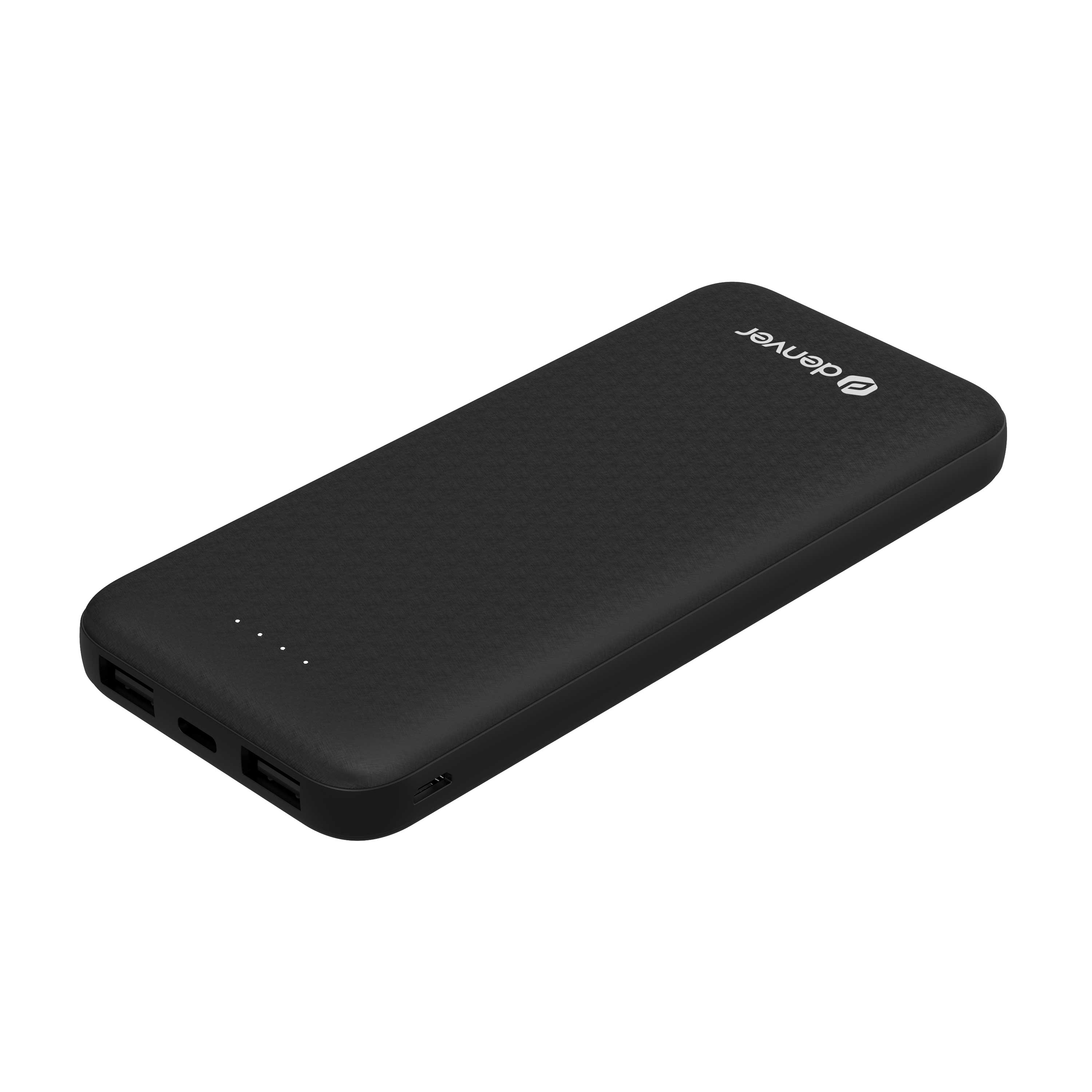 Schwarze Powerbank mit zwei USB-Anschlüssen. Auf der Oberseite sind vier kleine LED-Anzeigen.