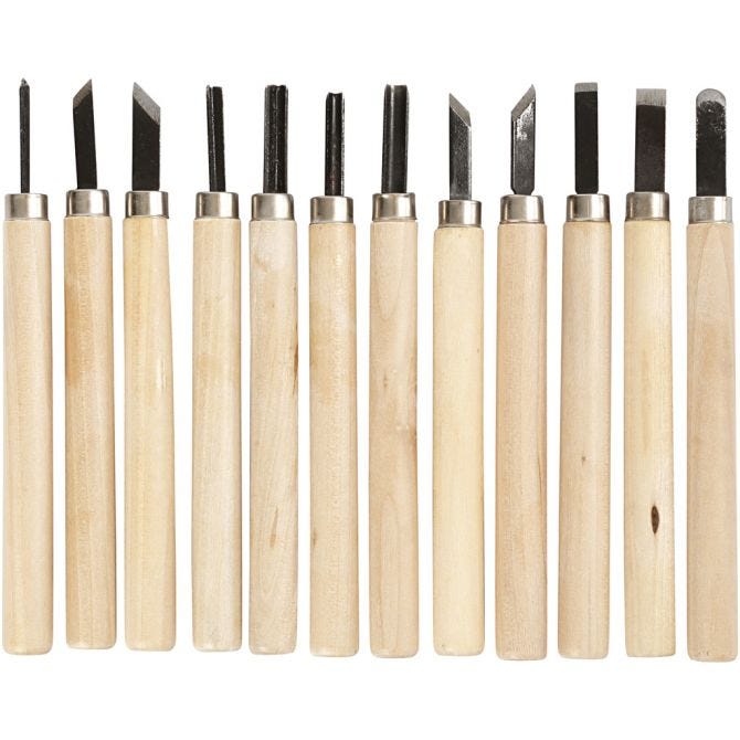 Set von 12 Holzgriff-Werkzeugen. Verschiedene Klingenformen, schwarz und metallisch. Für Schnitz- und Holzarbeiten geeignet.