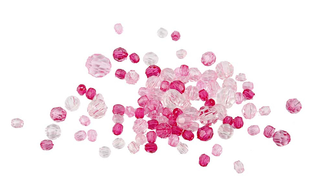 Bunte Glasperlen in verschiedenen Rosa- und Klar-Tönen. Die Perlen sind unterschiedlich groß und facettiert.