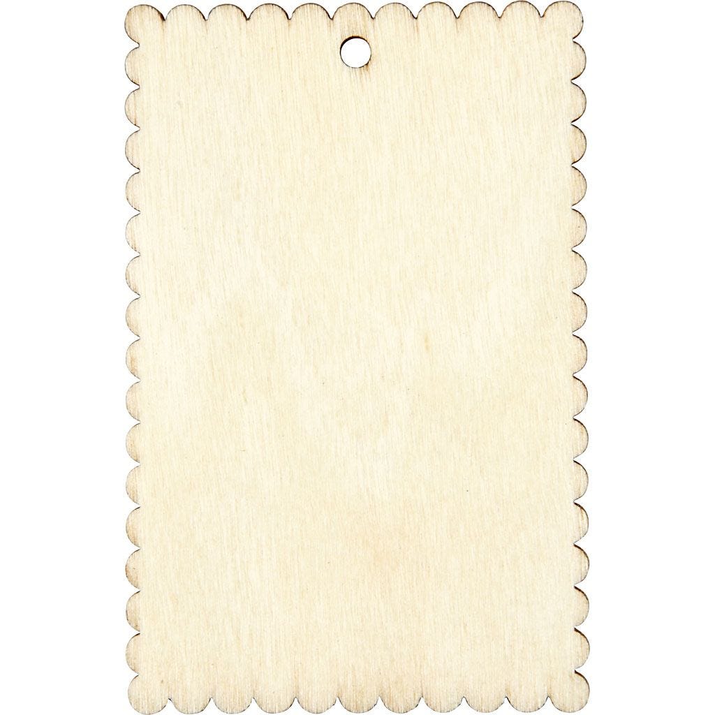 Holzschild in rechteckiger Form mit gewelltem Rand. Es hat ein Loch zum Aufhängen.