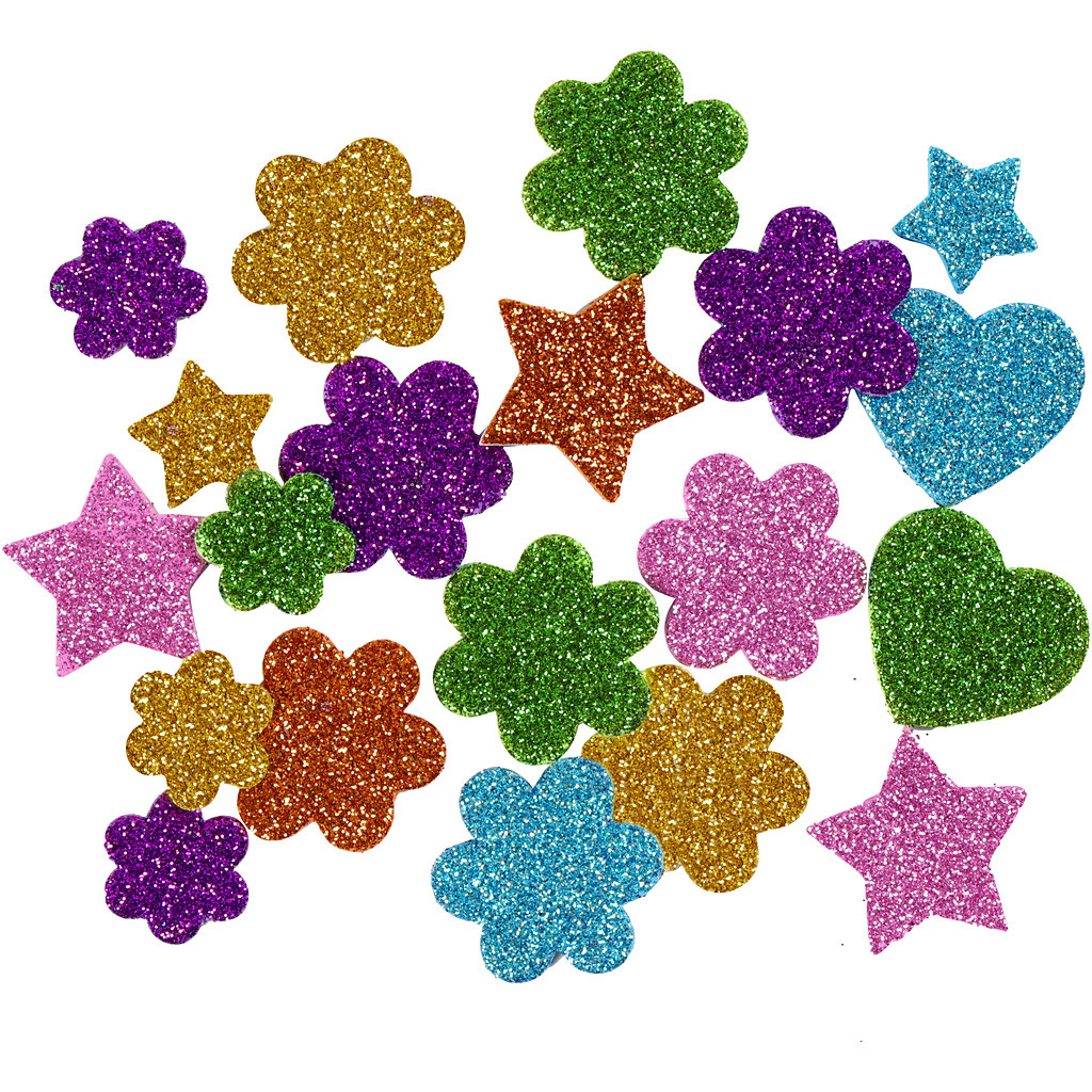 Moosgummi-Glittersticker Herzen, Sterne und Blumen 100 Stück
