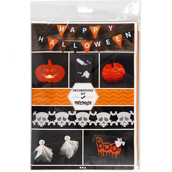 Dekorationsset für Halloween. Enthält Girlanden, Kürbisse und Geister.