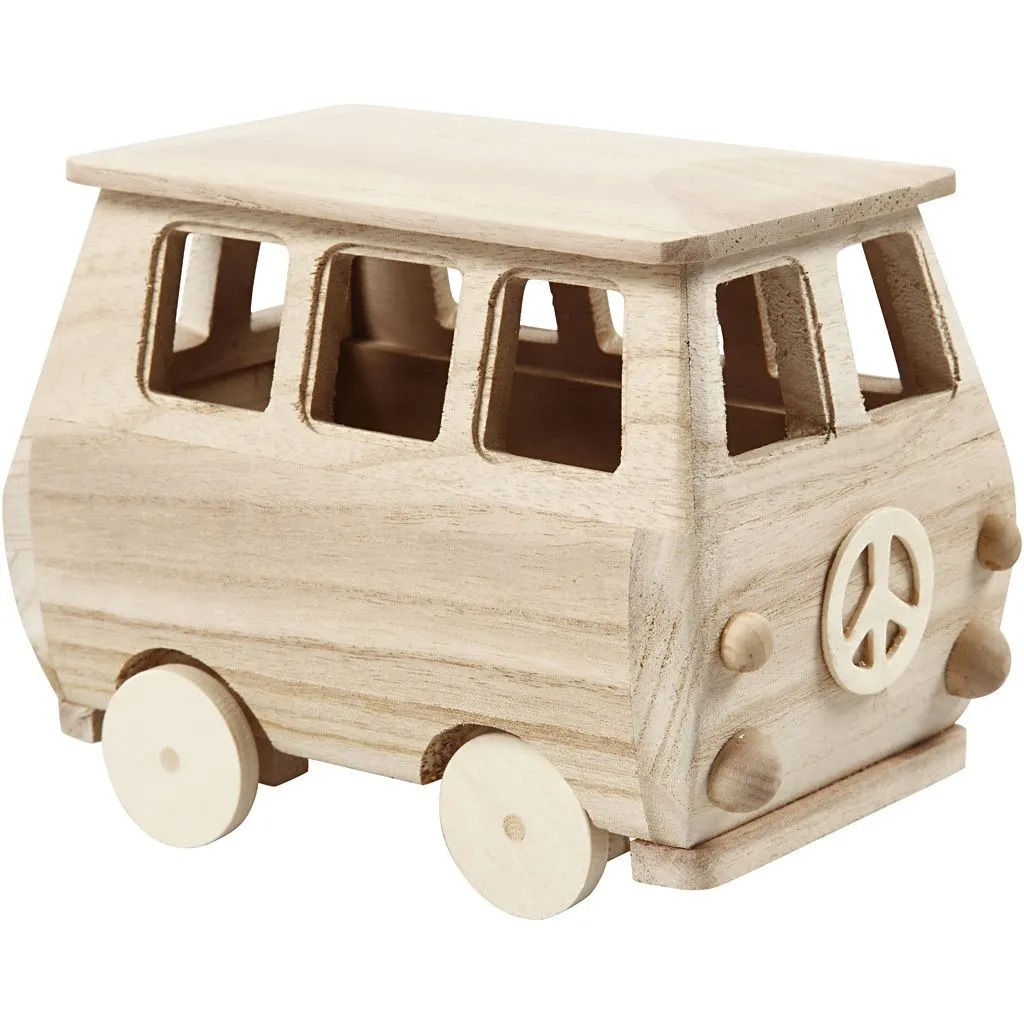 Holzspielzeug in Form eines Vans. Natürliche Holzfarbe, keine Lackierung. Friedenssymbol auf der Rückseite.