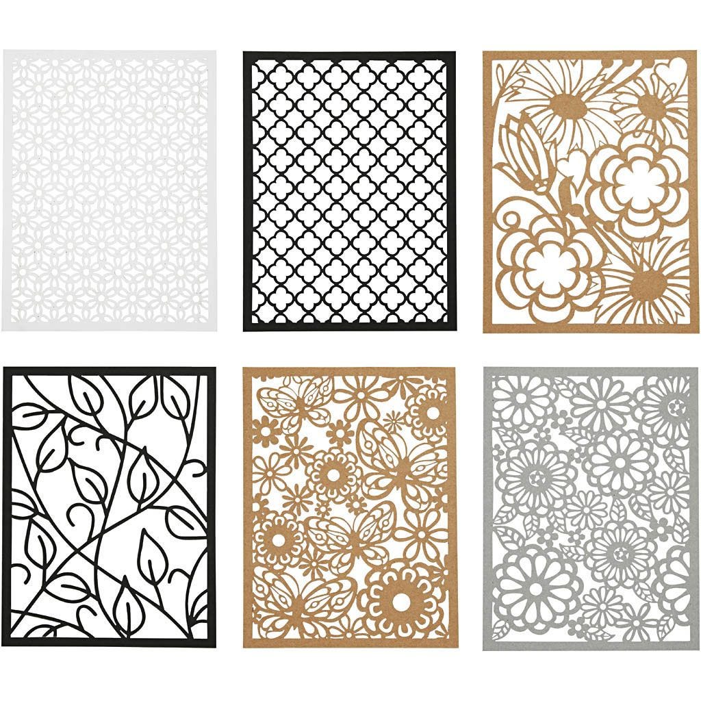 Sechs dekorative Papiermuster in verschiedenen Farben. Enthält florale und geometrische Designs.