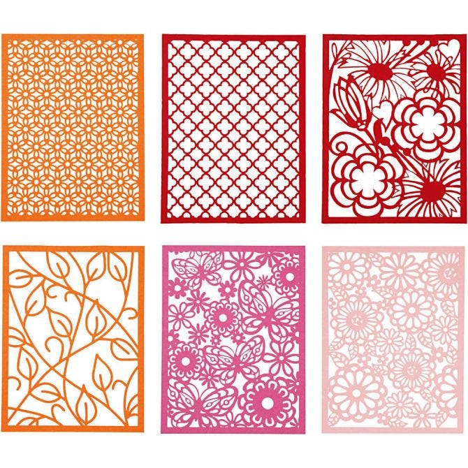Sechs dekorative Papiermuster in verschiedenen Farben. Muster umfassen Blumen, Blätter und geometrische Formen.