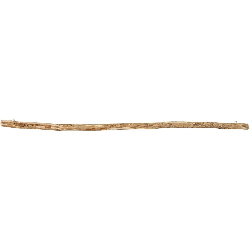 Lange, natürliche Holzstange mit einer geschwungenen Form. Die Oberfläche ist hell und hat eine unregelmäßige Maserung.