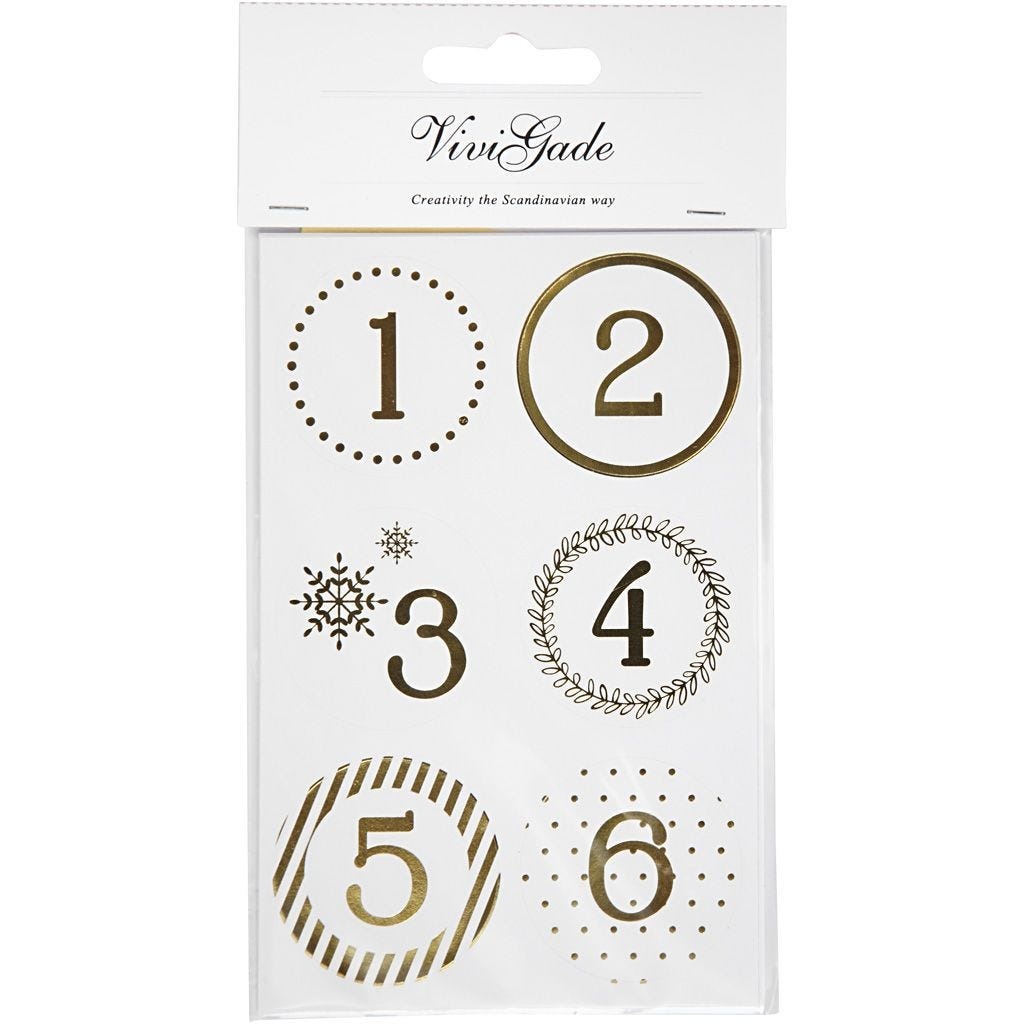 Sticker für Adventkalender Zahlen 1-24 weiß/gold