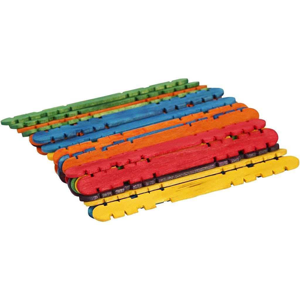 Bunte Holzstäbchen in verschiedenen Farben. Sie sind gleichmäßig angeordnet und haben abgerundete Enden.