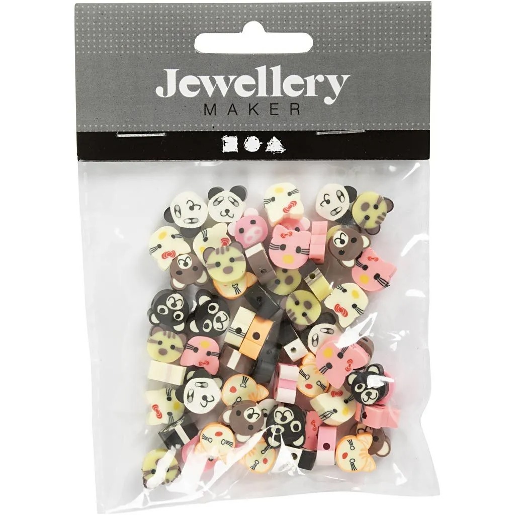 Tüte mit bunten Schmuckperlen in Tierform. Enthält verschiedene Panda- und Tiergesichter.