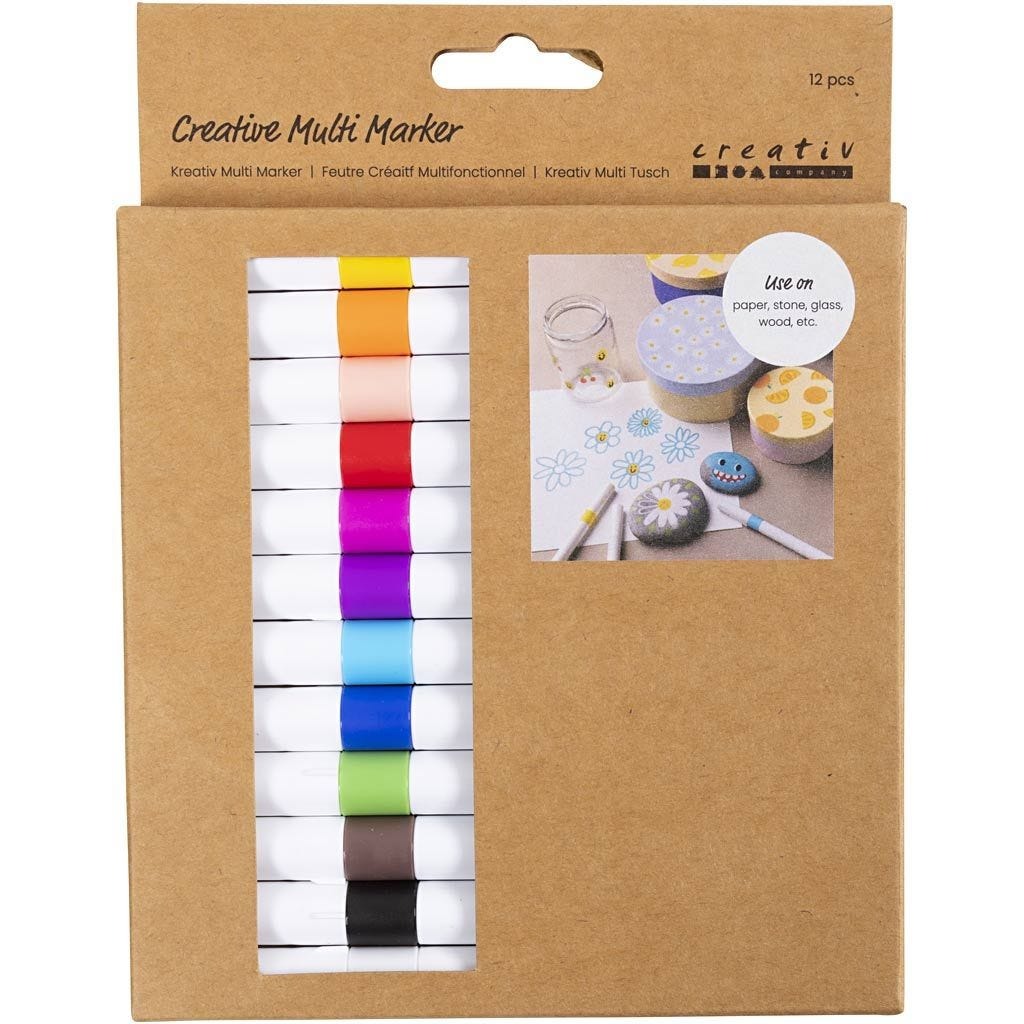 Set mit 12 kreativen Markern in verschiedenen Farben. Verpackung zeigt Anwendung auf Papier, Stein und Glas.