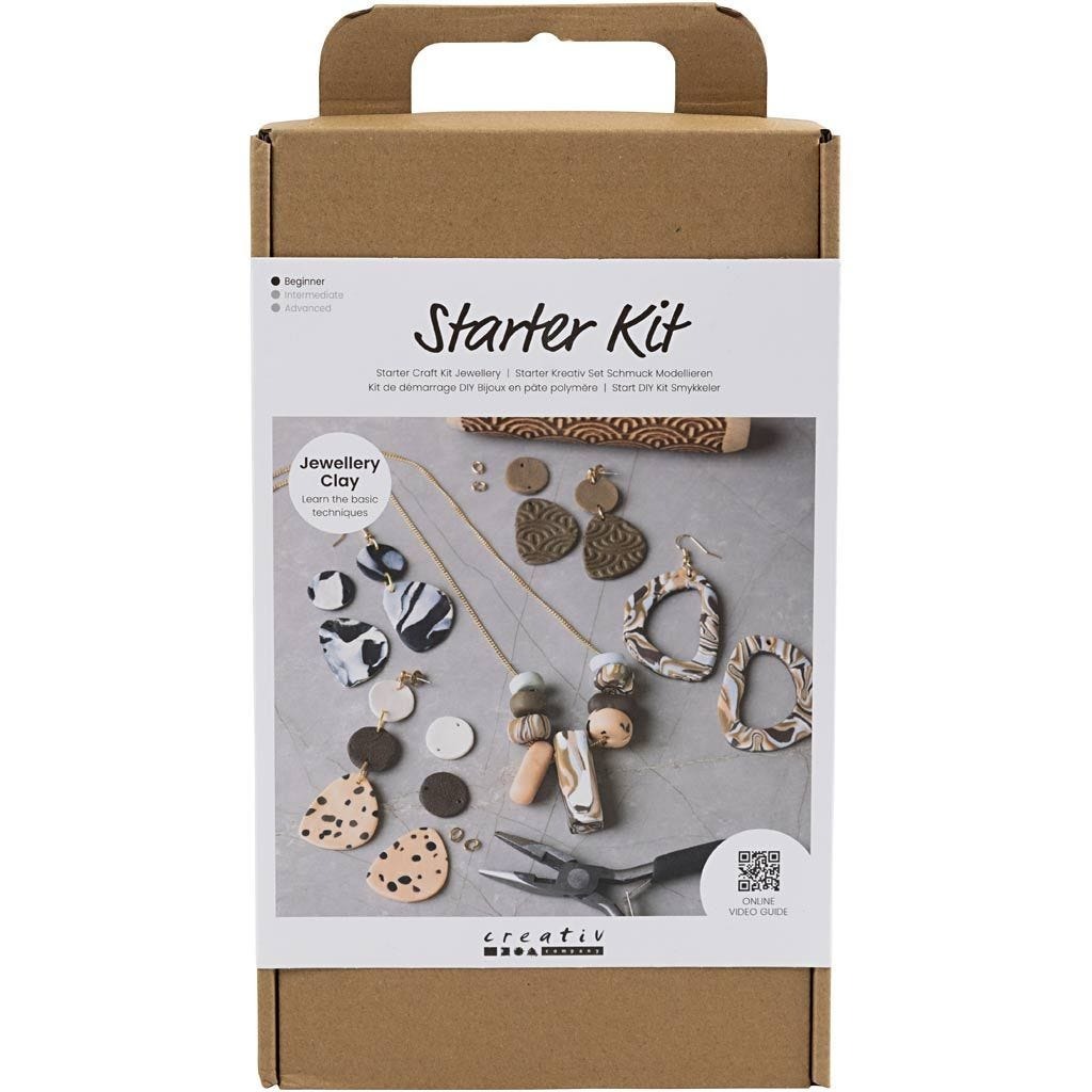 Starter Kit für Schmuckherstellung. Enthält verschiedene Schmuckteile aus Modelliermasse.