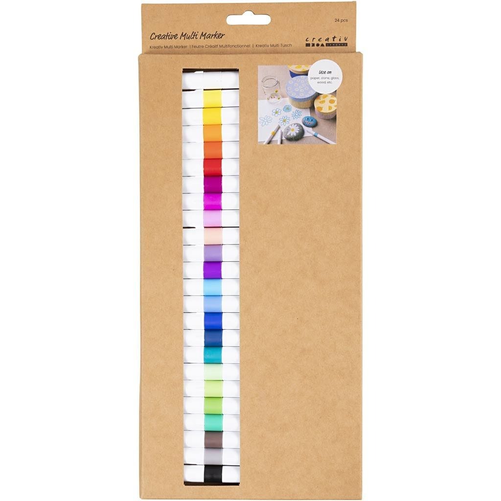 Packung mit 24 kreativen Mehrzweckmarkern. Farben in Regenbogenpalette, von Gelb bis Schwarz. Verpackung aus braunem Karton.