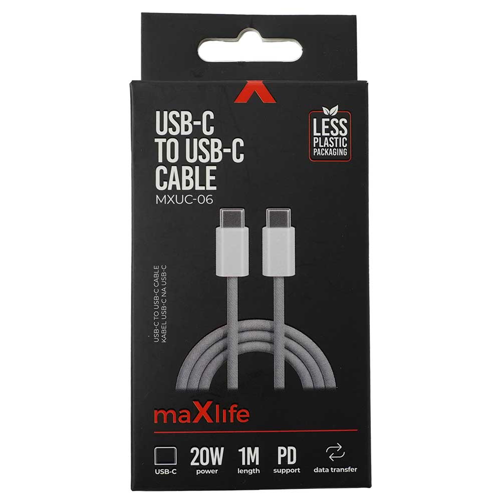 Schwarze Verpackung für ein USB-C zu USB-C Kabel. Kabel ist grau, 1 Meter lang, 20W Leistung, unterstützt PD und Datenübertragung.