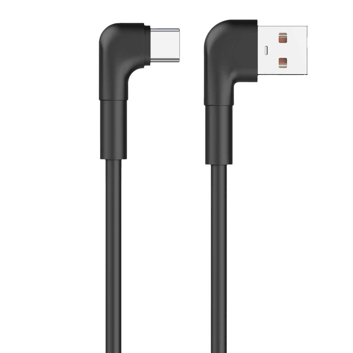 schwarzes USB-Kabel mit zwei abgewinkelten Anschlüssen. Ein Ende hat einen USB-A-Anschluss, das andere einen USB-C-Anschluss.
