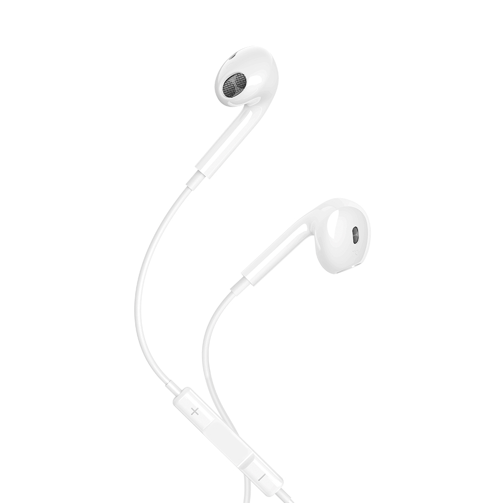 weiße Ohrhörer mit runden Ohrstücken. Kabel mit Lautstärkeregler. Schlichtes Design.