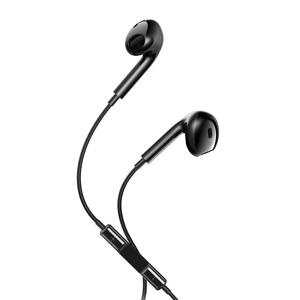 Schwarze Ohrhörer mit einem flachen Kabel. Die Ohrteile sind ergonomisch geformt.