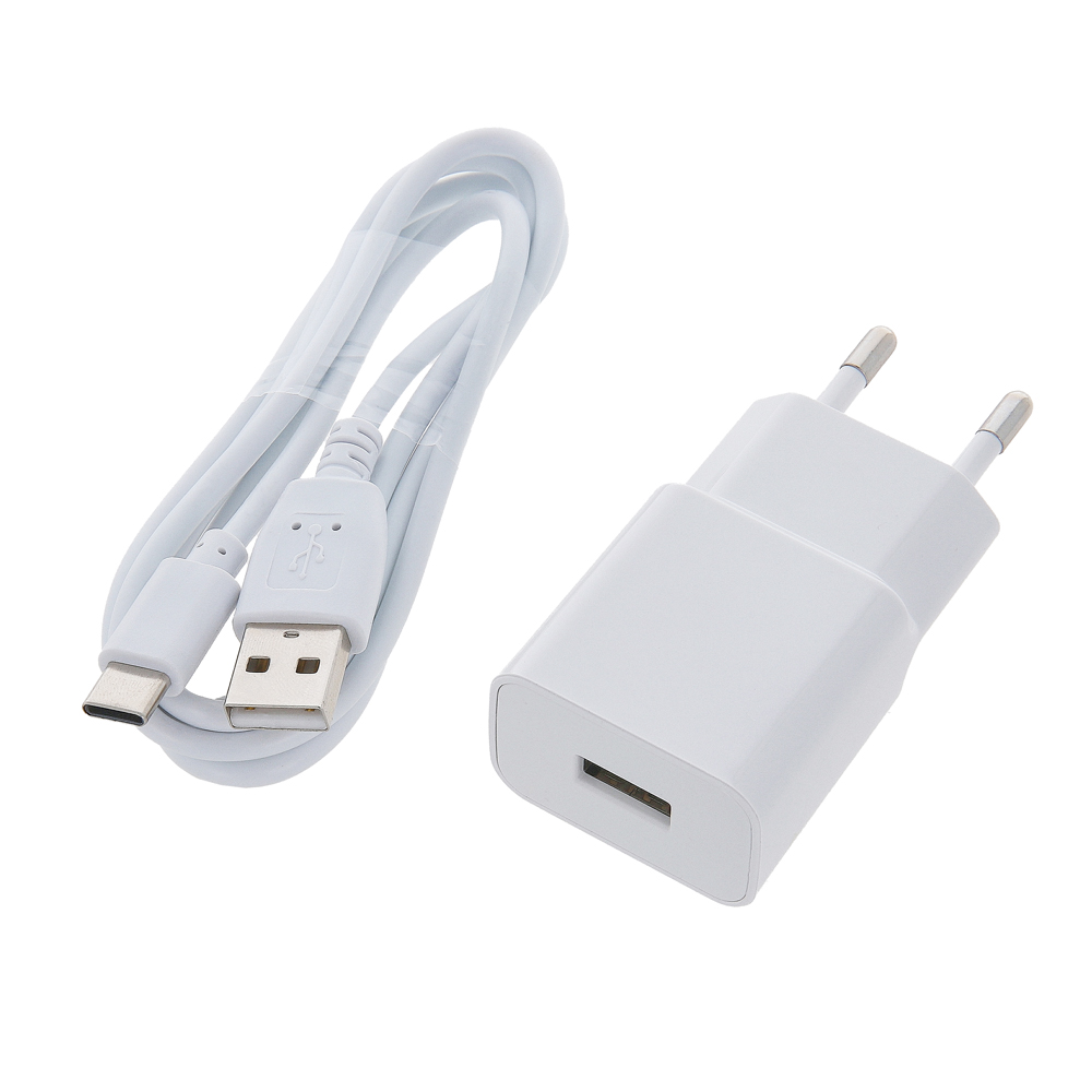 Weißes Ladegerät mit zwei Steckern. Dazu ein USB-Kabel mit einem USB- und einem USB-C-Anschluss.