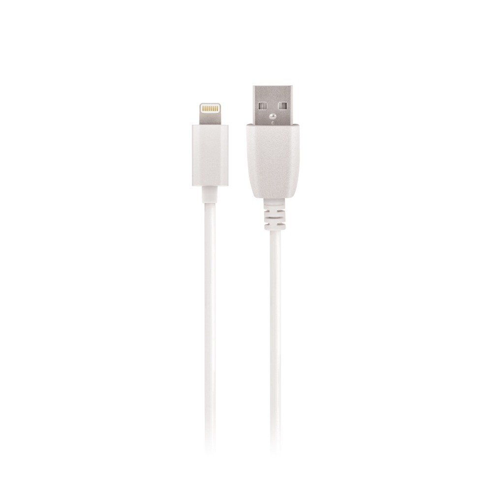 Weißes Kabel mit einem Lightning-Anschluss auf der einen Seite und einem USB-Anschluss auf der anderen. Das Kabel ist glatt und dünn.
