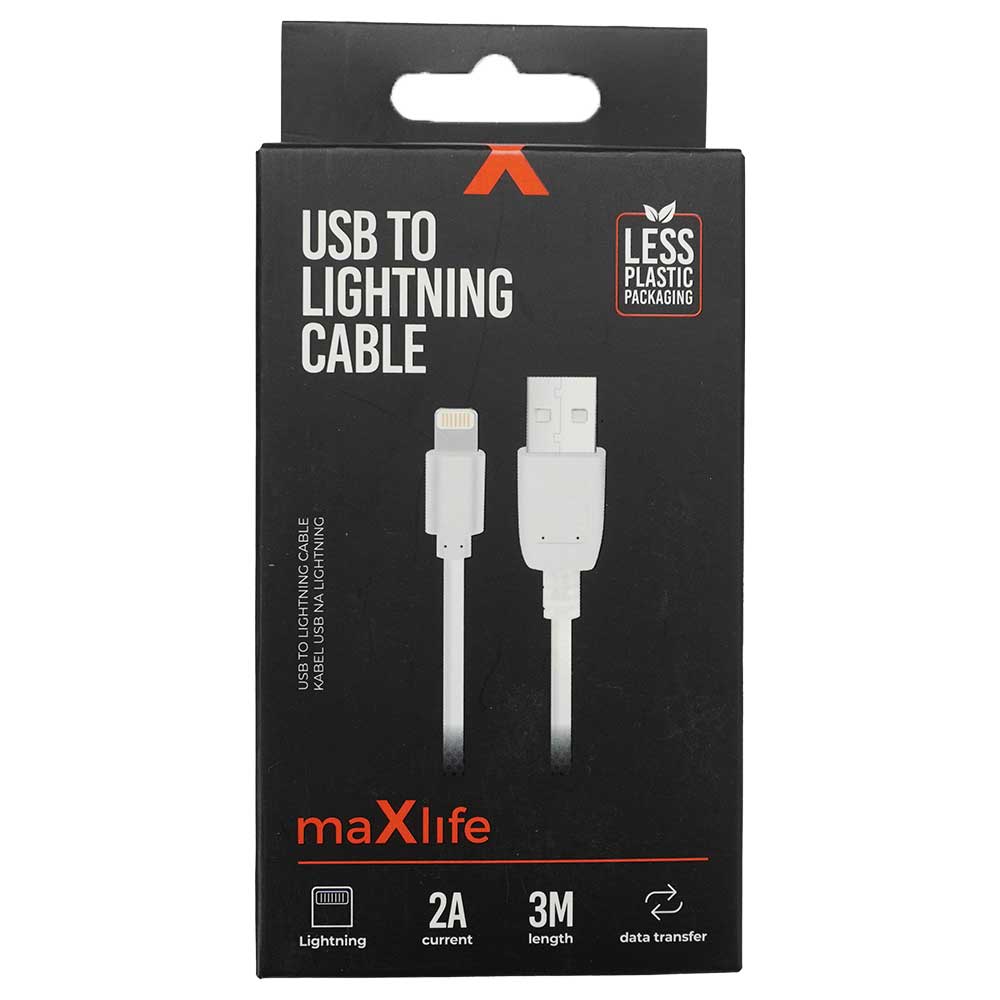 USB zu Lightning Kabel in weiß. Verpackung zeigt 3 Meter Länge und 2A Stromstärke.