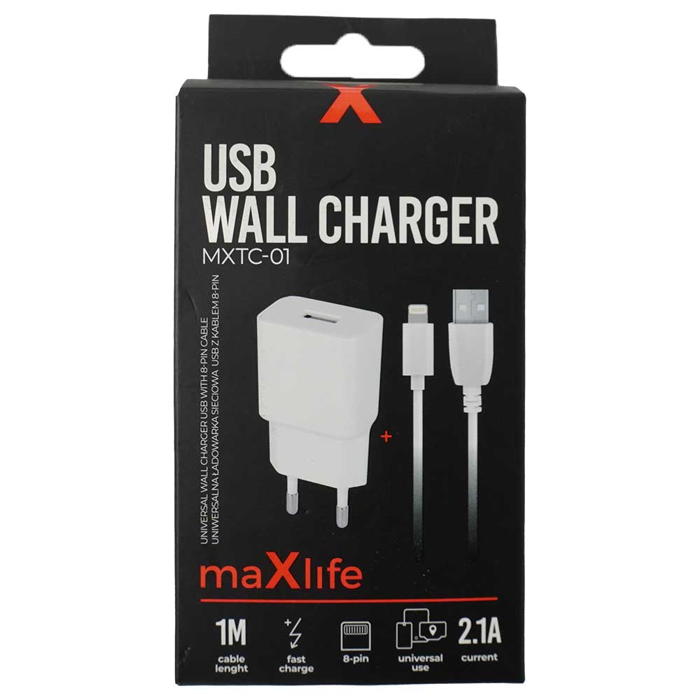 USB Wandladegerät mit einem 1 Meter langen Kabel. Es hat eine maximale Stromstärke von 2.1A.