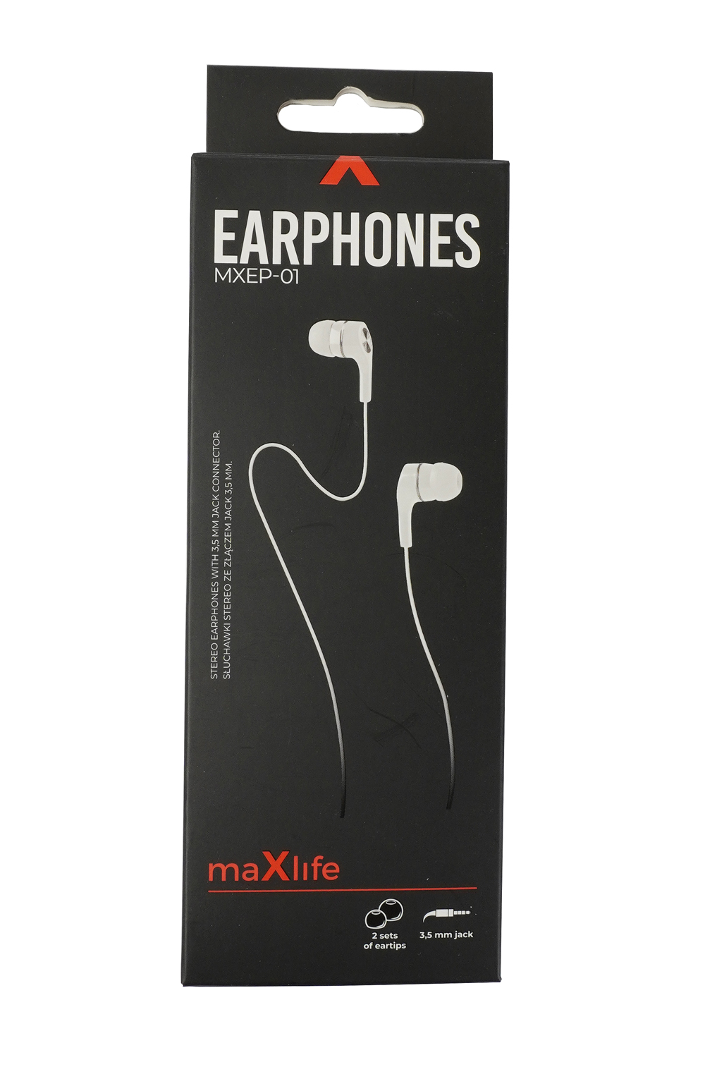 Schwarze Verpackung mit weißen Ohrhörern. Auf der Vorderseite steht 'Earphones MXEP-01'.