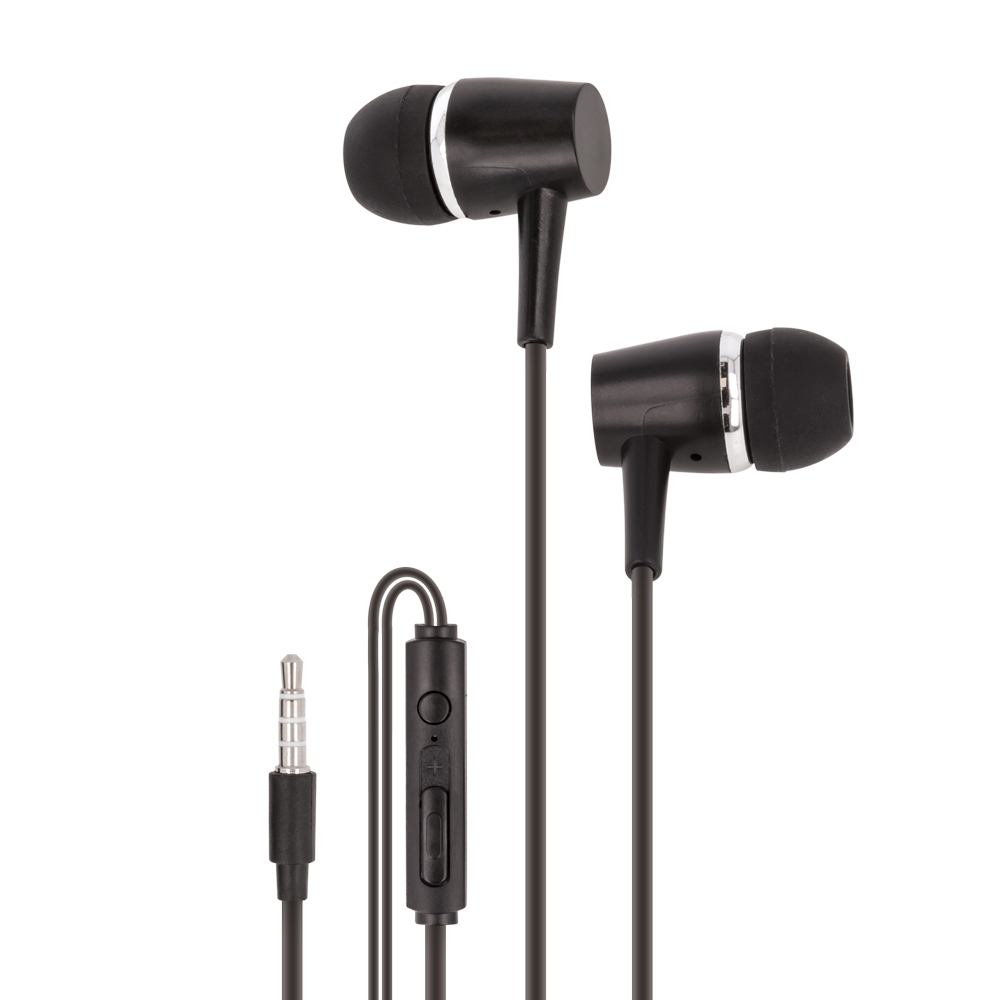 Schwarze In-Ear-Kopfhörer mit einem Kabel und einer Fernbedienung. Der Stecker ist 3,5 mm.