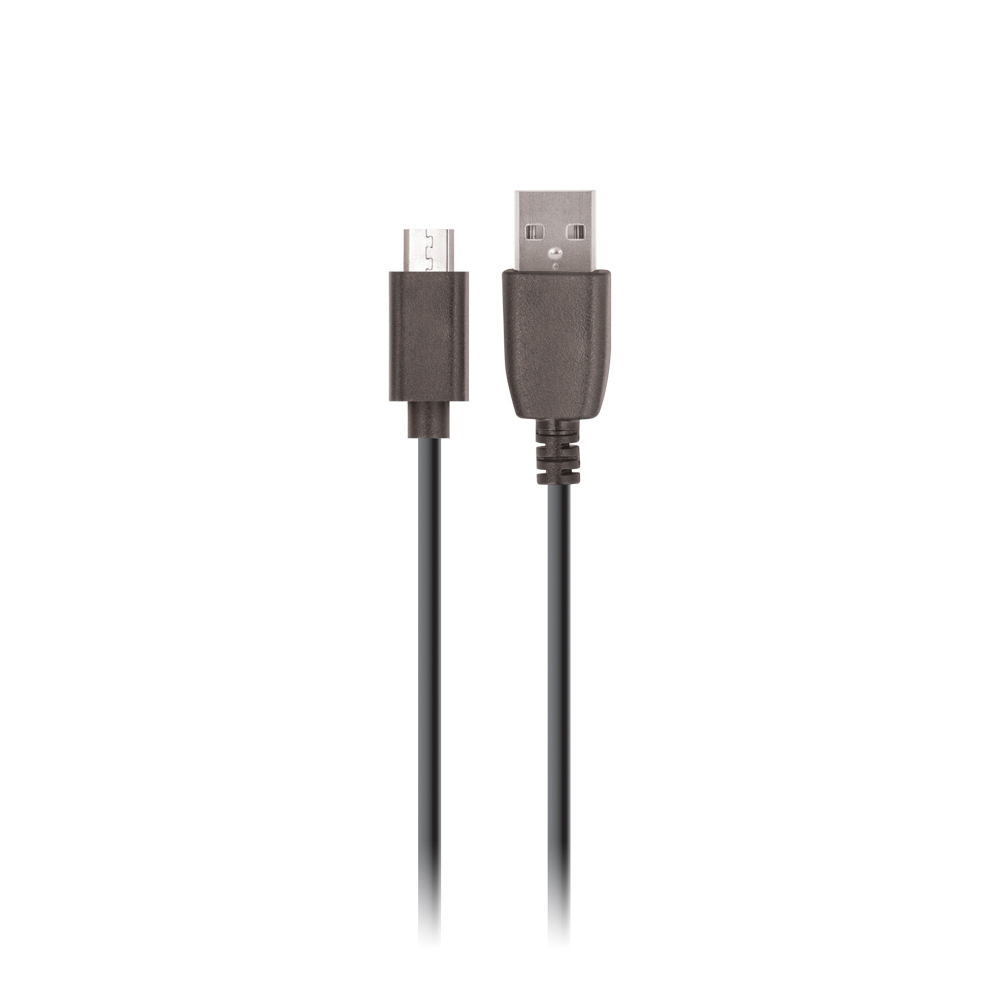 USB-Kabel mit einem Standard-USB-Anschluss und einem Mini-USB-Anschluss. Der Kabelmantel ist schwarz.