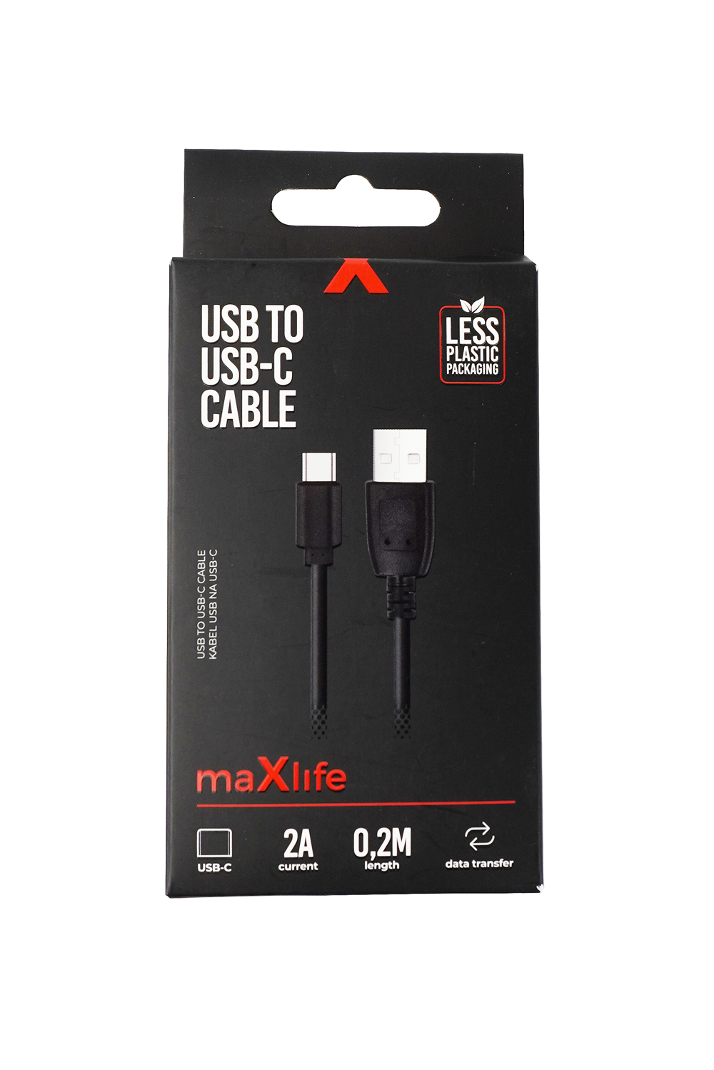Schwarze Verpackung für USB zu USB-C Kabel. Kabel ist 0,2 Meter lang, 2A Stromstärke. Hinweis auf weniger Plastikverpackung.