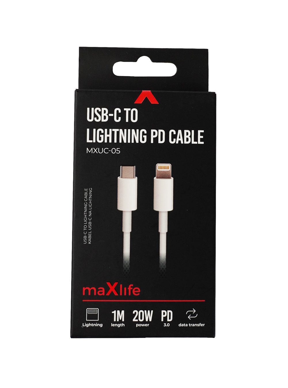 Schwarze Verpackung mit einem USB-C zu Lightning PD Kabel. Länge 1 Meter, 20W Leistung.