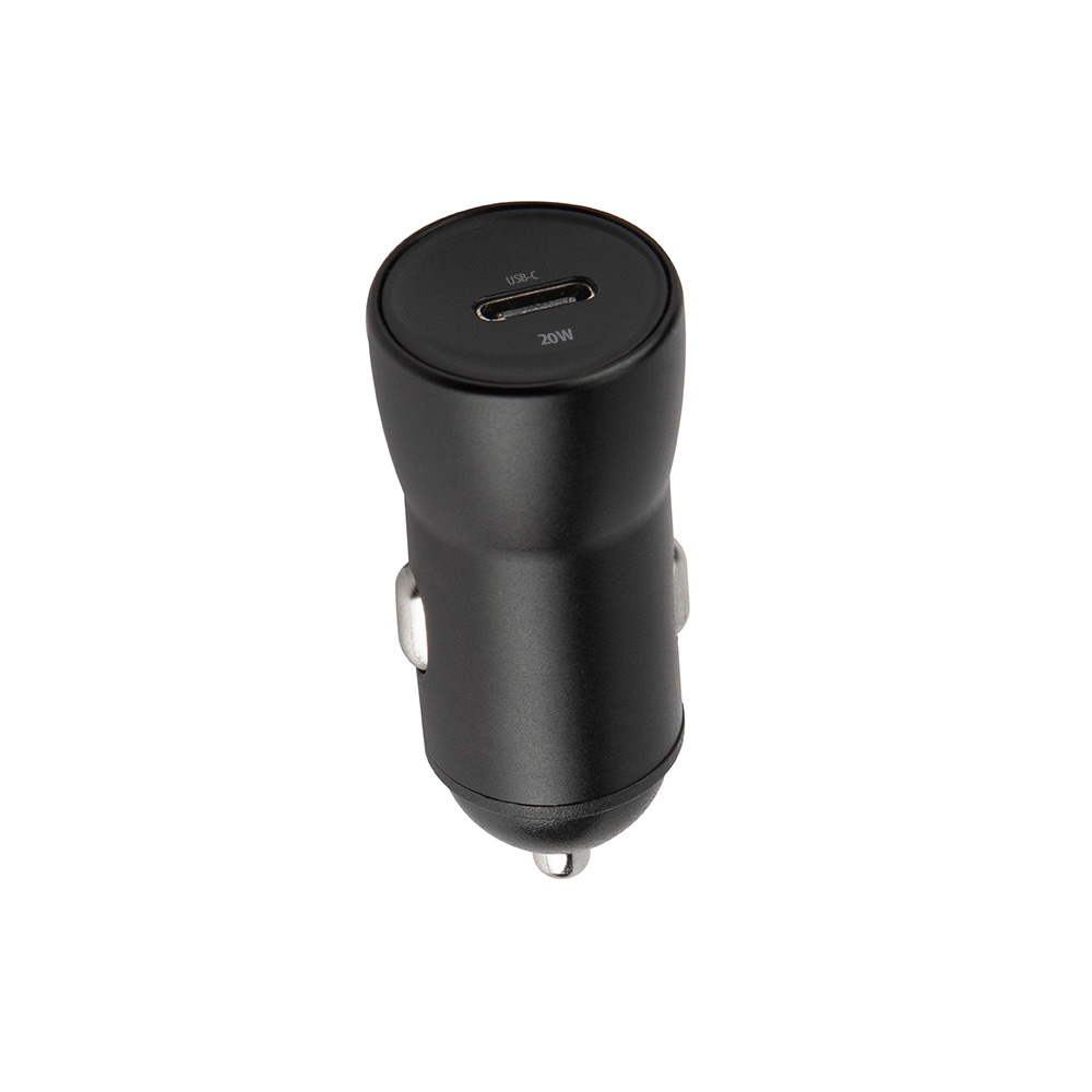 schwarzer USB-C Auto-Ladegerät. 20W Leistung. Kompakt und handlich. Geeignet für das Aufladen von Geräten im Auto.