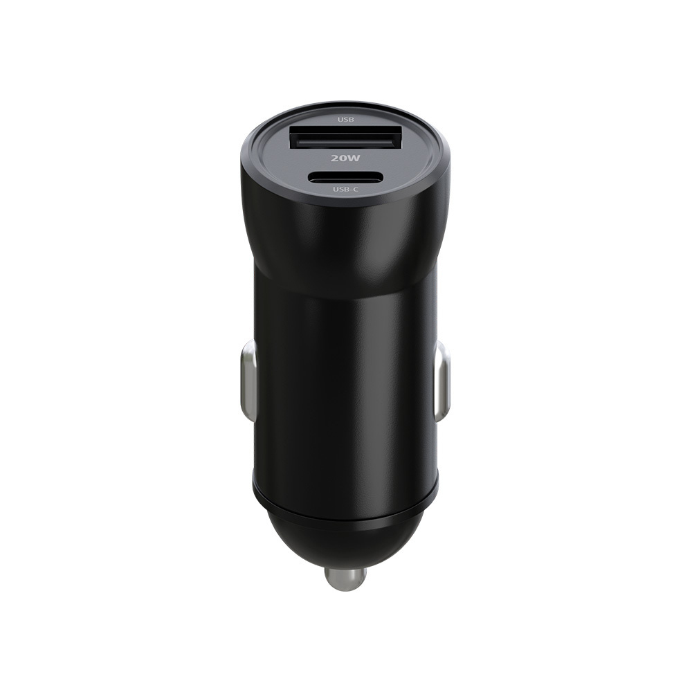 Schwarzer USB-Autoladegerät mit zwei Anschlüssen. Einer für USB und einer für USB-C, 20W Leistung.