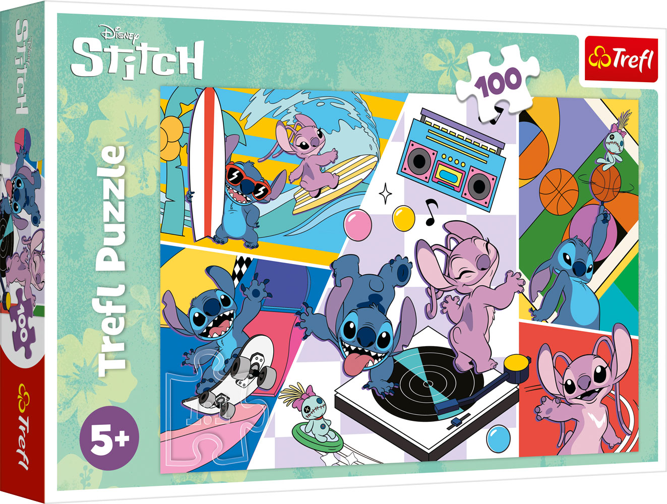 Puzzlebox mit Disney Stitch-Motiv. Bunte Illustrationen von Stitch und anderen Charakteren. Aktivitäten wie Surfen, Skateboarden und Tanzen. Für Kinder ab 5 Jahren, 100 Teile.