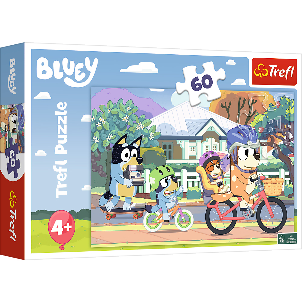 Puzzle mit 60 Teilen. Abgebildete Charaktere auf Fahrrädern und Skateboard in einer bunten Umgebung.