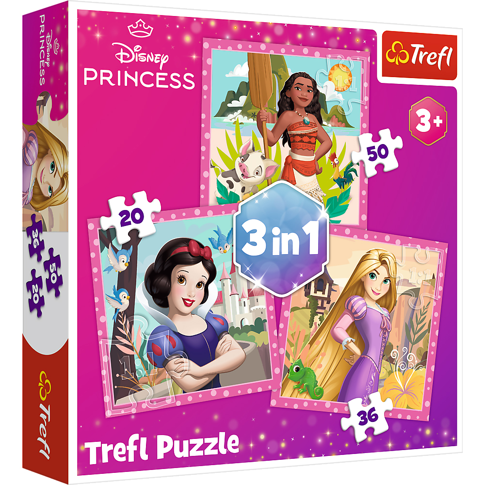 Puzzlebox mit Disney Prinzessinnen Motiven. Enthält drei Puzzles mit 20, 36 und 50 Teilen.