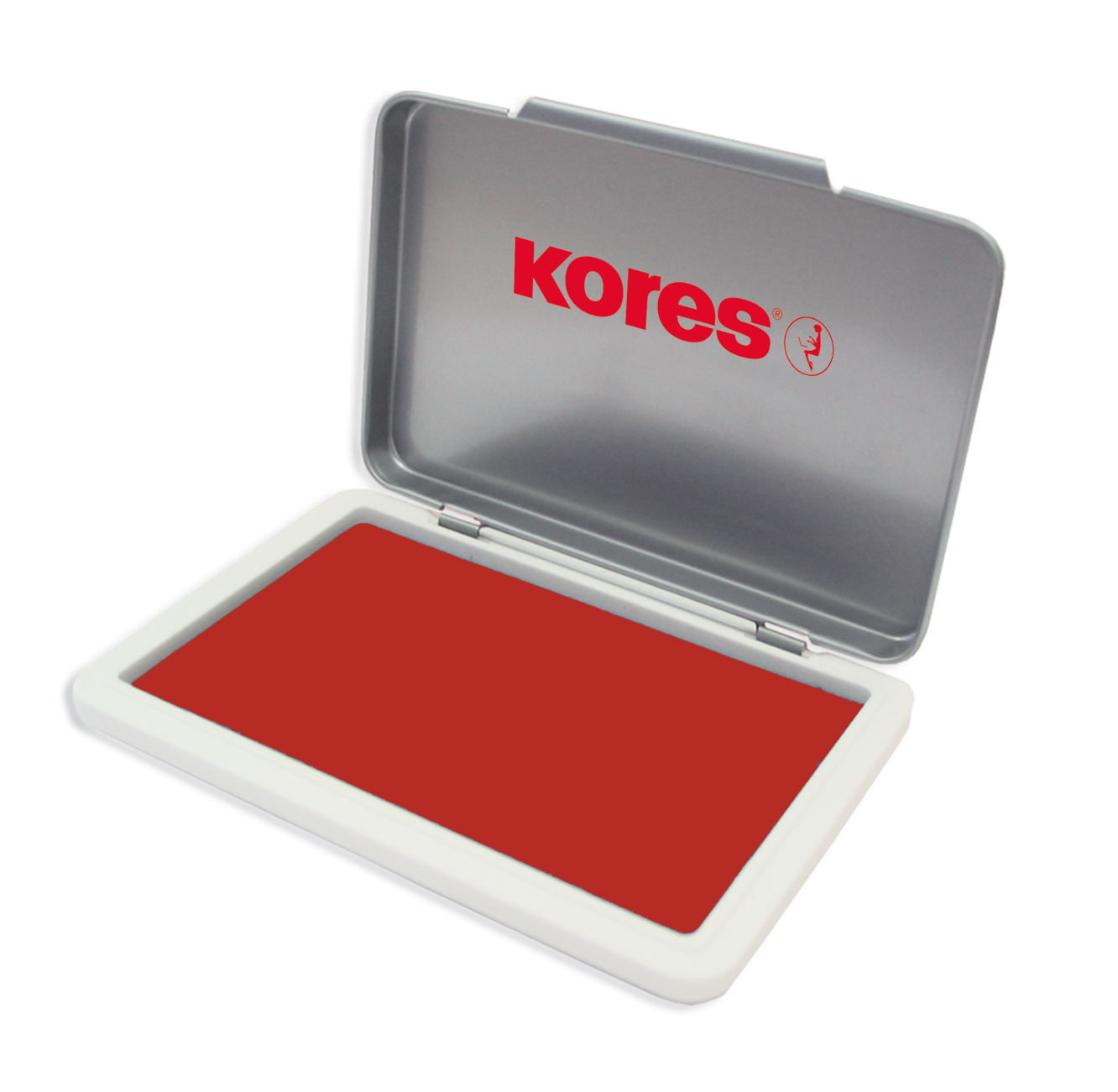 Stempelkissen in einem silbernen Gehäuse. Die Farbe des Kissens ist rot.
