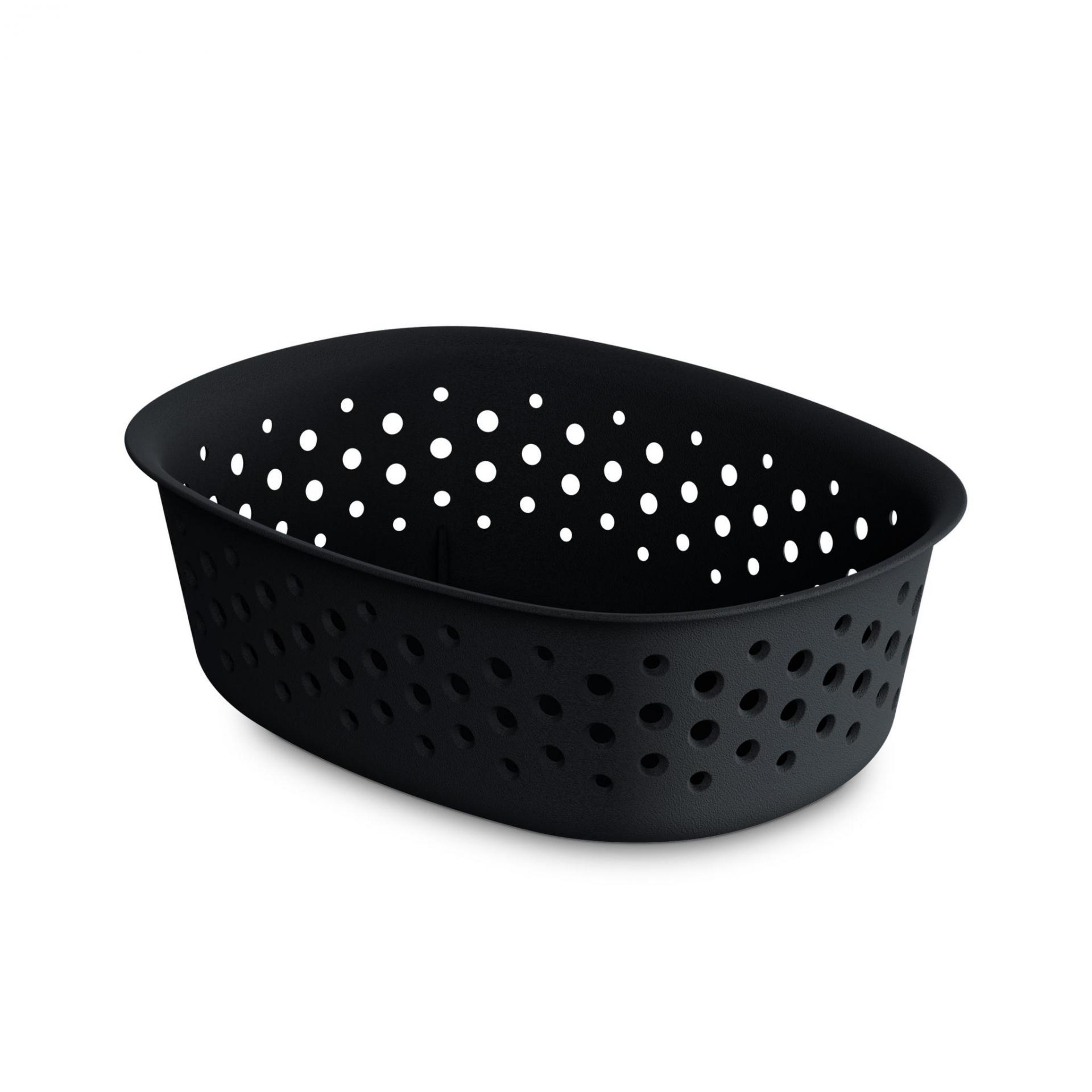 schwarzer, ovaler Korb mit vielen kleinen Löchern. Flexibles Material, geeignet für Aufbewahrung.