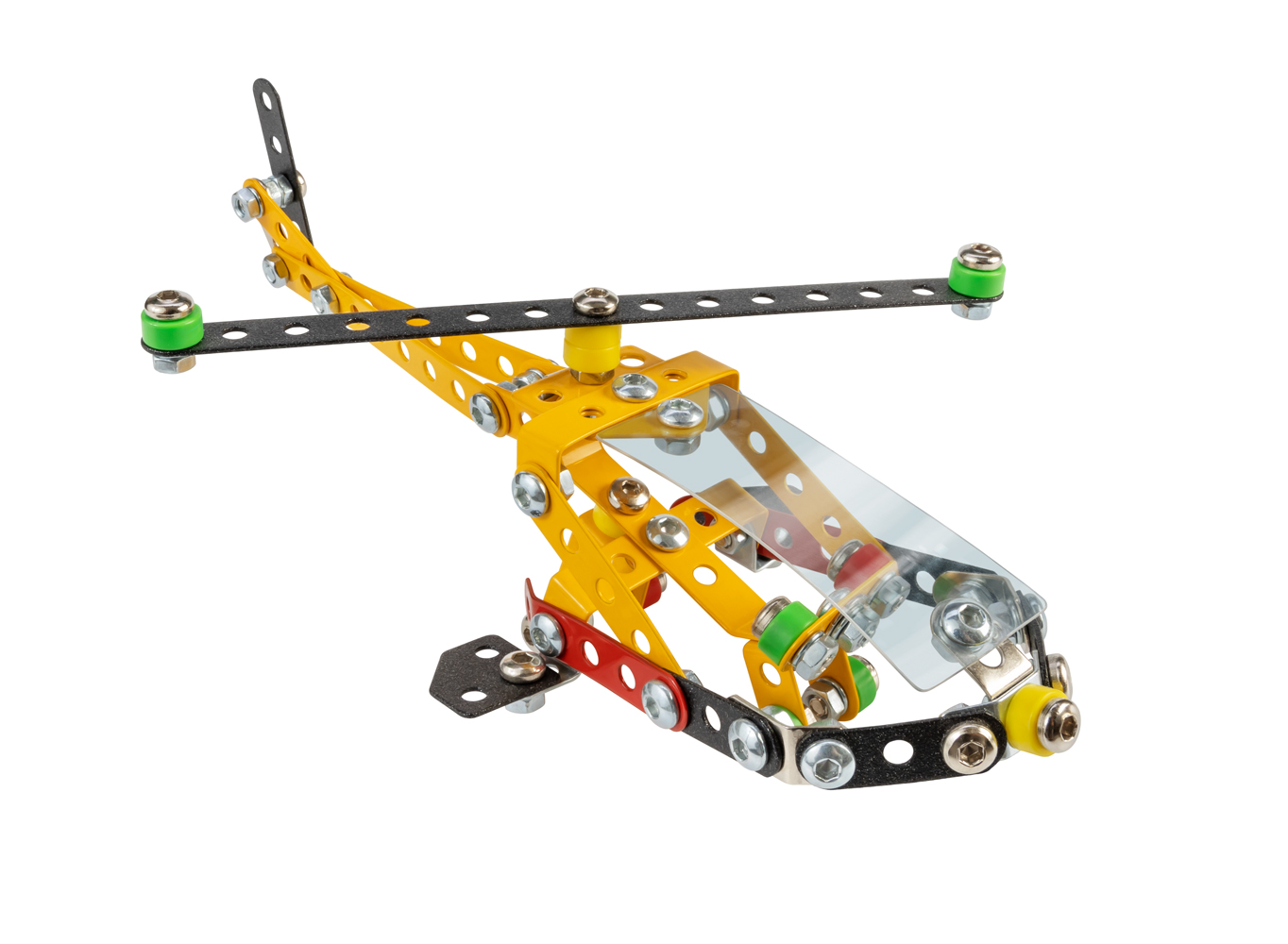 Modell eines Hubschraubers aus bunten Metallteilen. Es hat rotierende Rotorblätter und eine transparente Kabine.